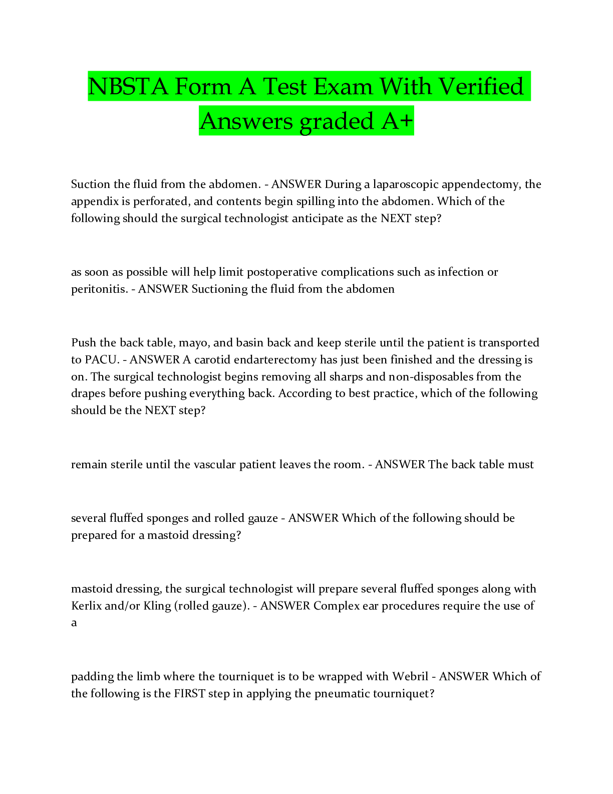 Preview image for NBSTA Form A Test Exam With Verified Answers graded A+